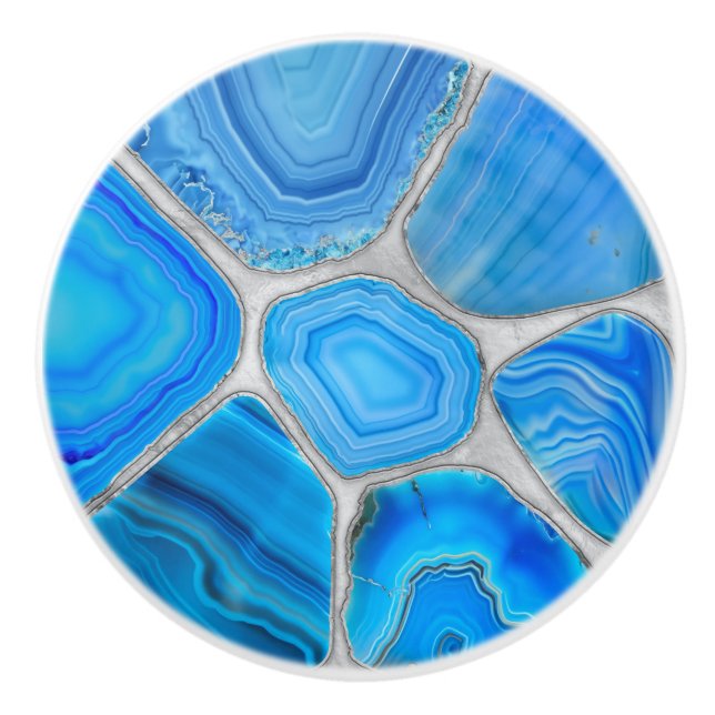Blue Geode Agate Mosaic Flower art Ceramic Knob (Front)