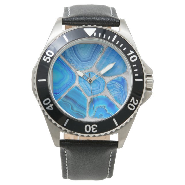 Blue Geode Agate Mosaic Flower art Watch (Front)