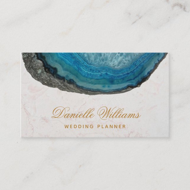 Blue Geode Agate White Marble Elegant Script Business Card (Front)