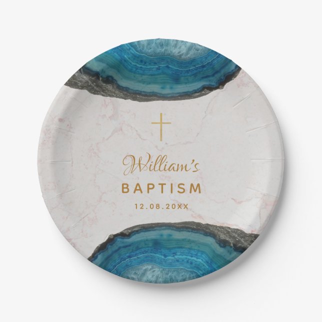 Blue Geode Boy Baptism Marble Gold Cross Paper Plate (Front)