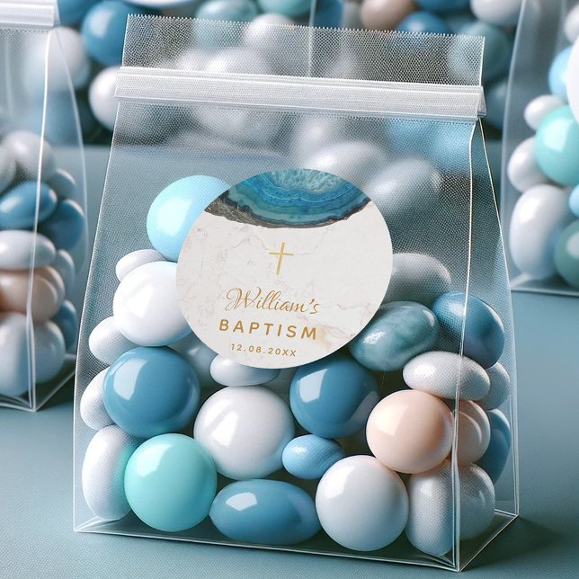 Blue Geode Boy Baptism White Marble Gold Cross Classic Round Sticker (Creator Uploaded)