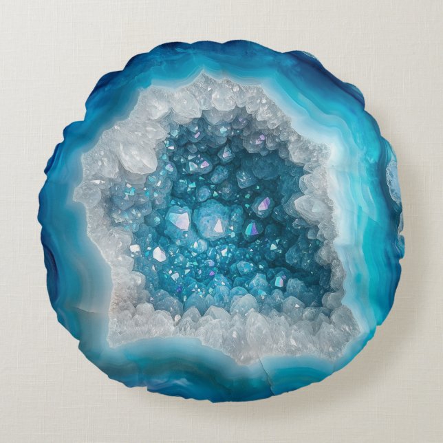 Blue Geode Rock Mineral Agate Crystal Modern Round Cushion (Front)