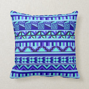 Blue Geometric Abstract Aztec Tribal Print Pattern Cushion
