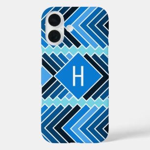 Blue Geometric Abstract Pattern And Monogram iPhone 16 Case