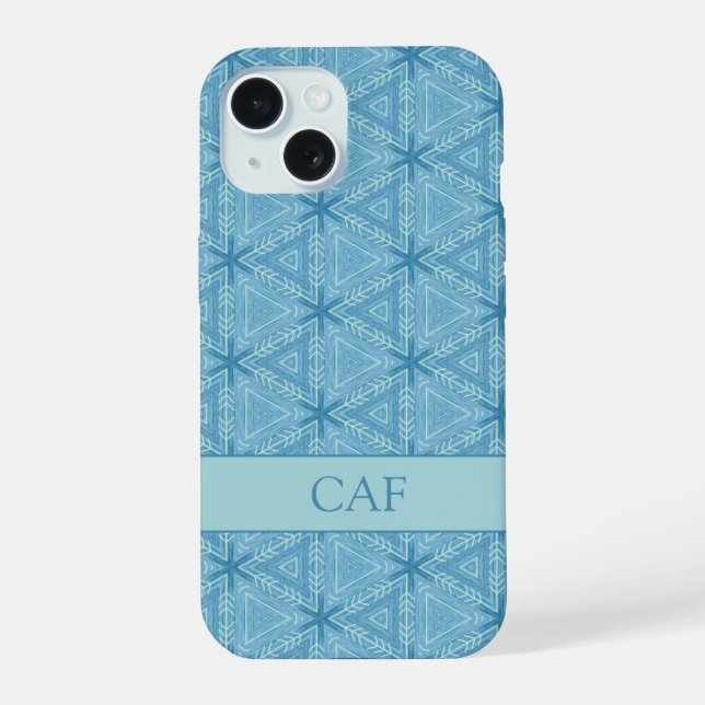 Blue Geometric Abstract Pattern with Monogram  iPhone 15 Case (Back)