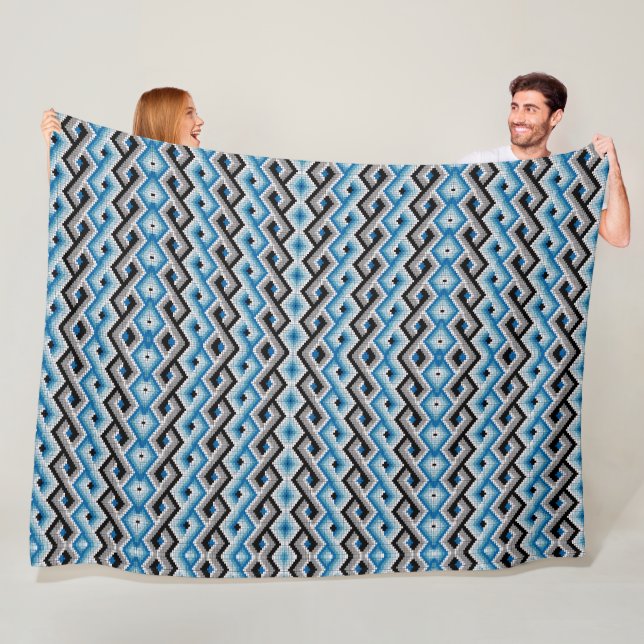 Blue Geometric Aztec Sherpa Throw Fleece Blanket (In Situ)