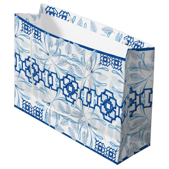 Blue Geometric Floral Chinoiserie | Wedding Large Gift Bag (Front Angled)