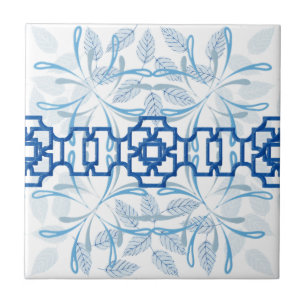 Blue Geometric Floral Chinoiserie Zen Pattern Ceramic Tile