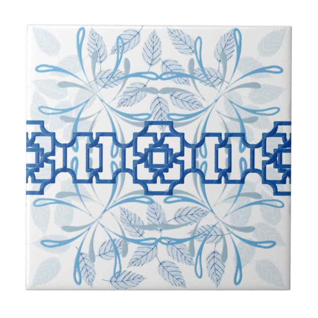 Blue Geometric Floral Chinoiserie Zen Pattern Ceramic Tile (Front)