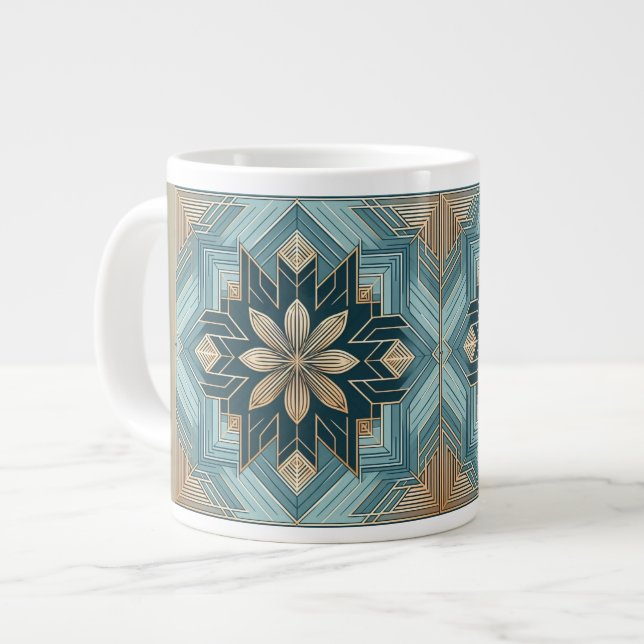 Blue Geometric Floral Mandala Mug – Teal & White (Front Left)