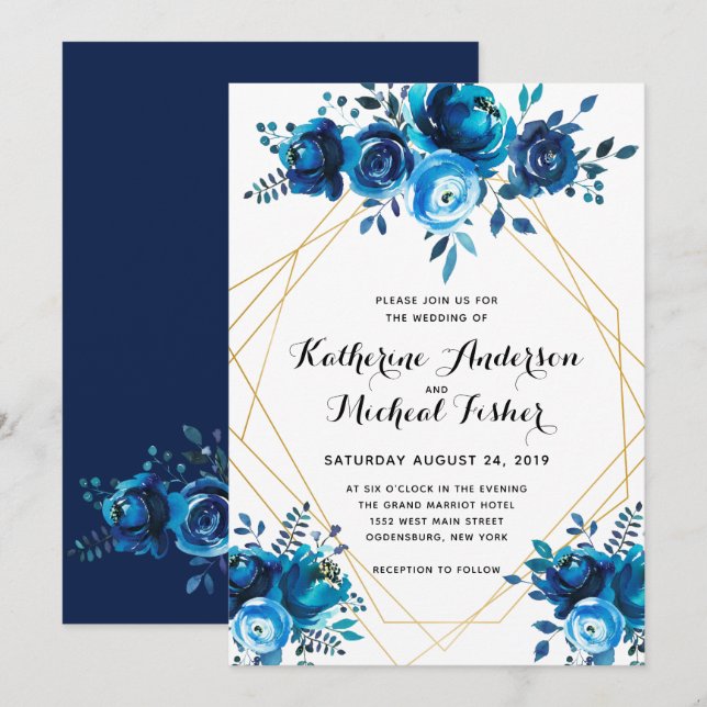 Blue Geometric Floral Wedding Invitation (Front/Back)
