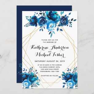 Blue Geometric Floral Wedding Invitation