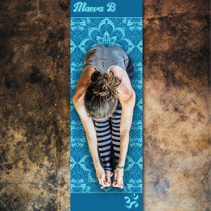 Blue geometric flowers pattern Om symbol  Yoga Mat