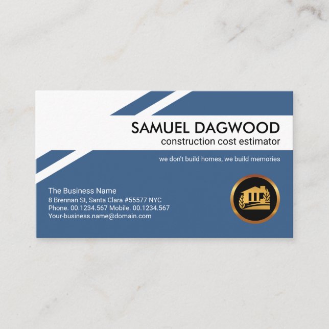 Blue Geometric Layer Gold Building Cost Estimator Business Card (Front)