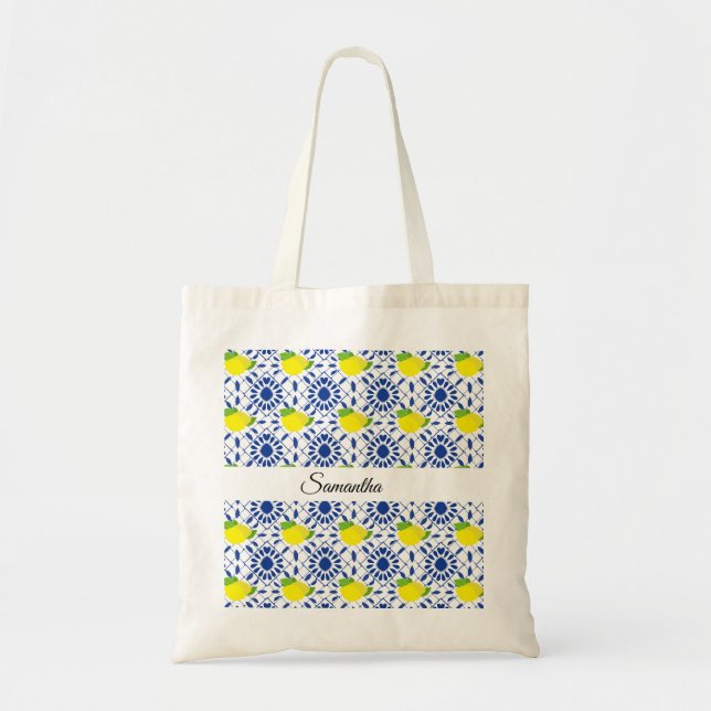 Blue Geometric Lemon Tile Tote Bag (Front)