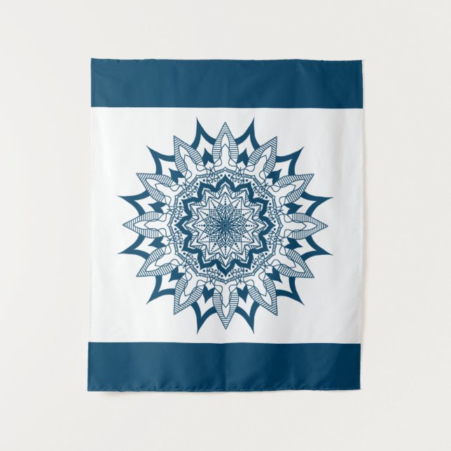 Blue Geometric Mandala White Background Tapestry (Front)
