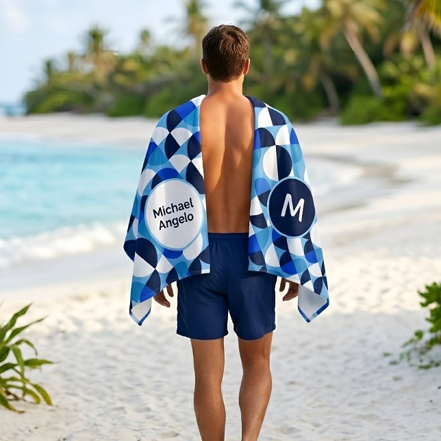 Blue Geometric Mosaic Bauhaus Monogram Custom Name Beach Towel (Creator Uploaded)
