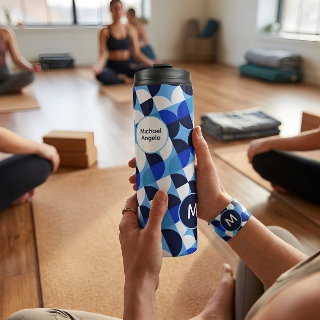 Blue Geometric Mosaic Bauhaus Monogram Custom Name Thermal Tumbler (Creator Uploaded)
