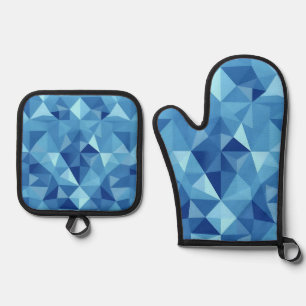 Blue Geometric Mosaic Tile Pattern Oven Mitt & Pot Holder Set