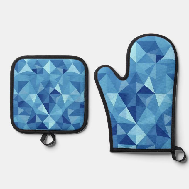 Blue Geometric Mosaic Tile Pattern Oven Mitt & Pot Holder Set (Front)