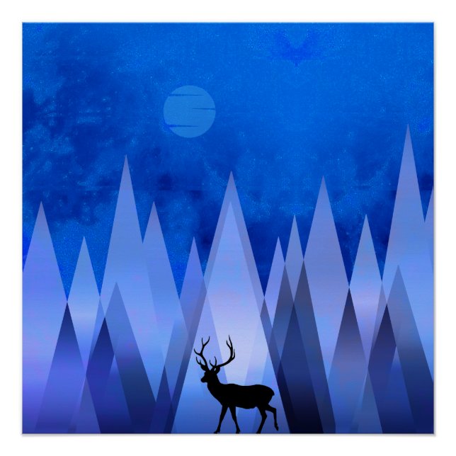 BLUE GEOMETRIC MOUNTAINS DEER POSTER (Front)