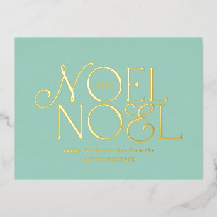 blue geometric Noel script elegant modern  Foil Holiday Postcard
