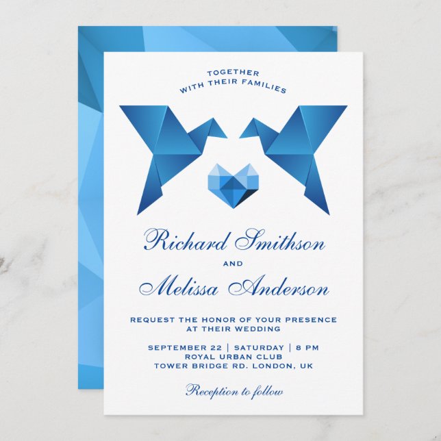 Blue Geometric Origami Birds Wedding Invitation (Front/Back)