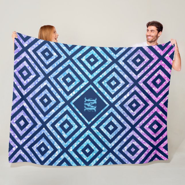 Blue Geometric Pattern & Colorful Glitter Fleece Blanket (In Situ)