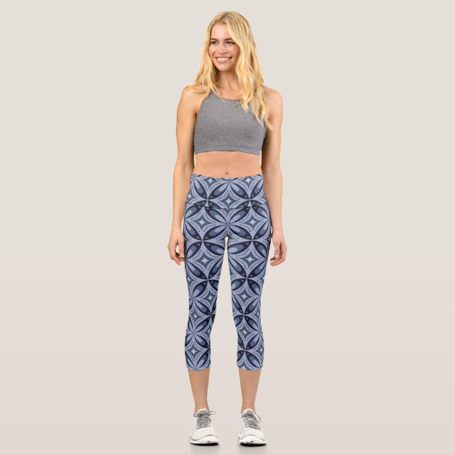 Blue Geometric Pattern Retro Style Capri Leggings (Front)