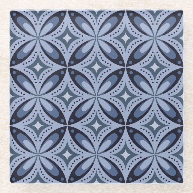 Blue Geometric Pattern Retro Style Glass Coaster (Front)