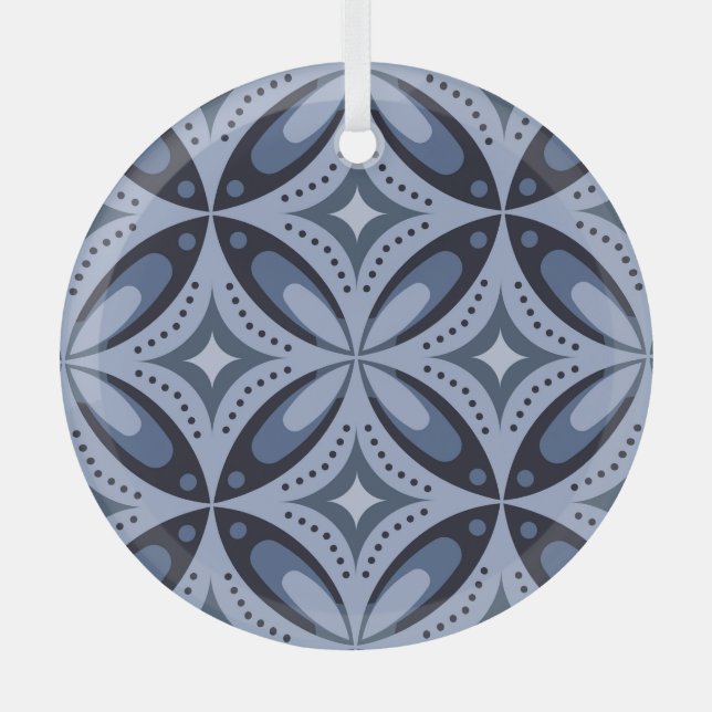 Blue Geometric Pattern Retro Style Glass Tree Decoration (Front)