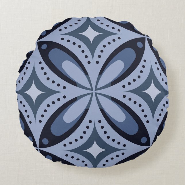 Blue Geometric Pattern Retro Style Round Cushion (Front)