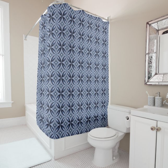 Blue Geometric Pattern Retro Style Shower Curtain (In Situ)