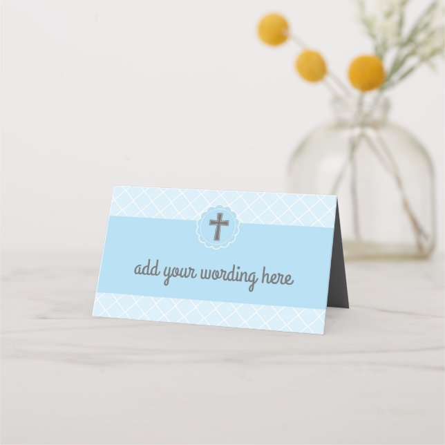 Blue Geometric Pattern With Grey Cross Baptism Place Card (Front)