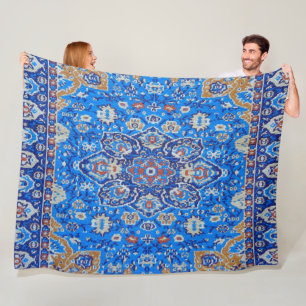 Blue geometric persian turkish mid century pattern fleece blanket