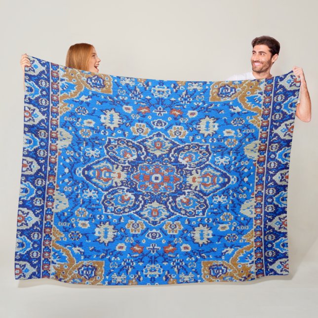 Blue geometric persian turkish mid century pattern fleece blanket (In Situ)