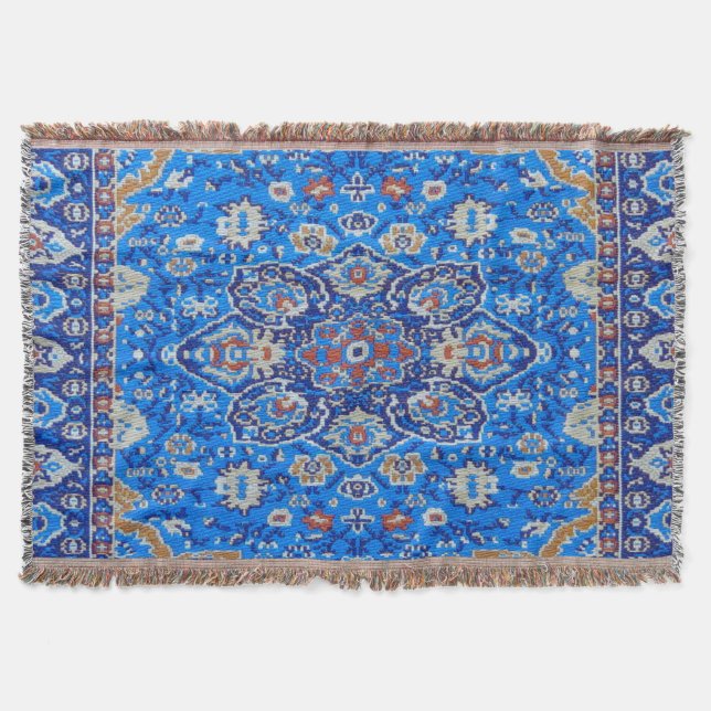 Blue geometric persian turkish mid century pattern throw blanket (Front)