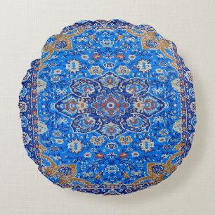 Blue Geometric Persian Turkish Rug Print  Round Cushion