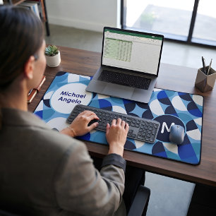 Blue Geometric Personalised Name Monogram Desk Mat