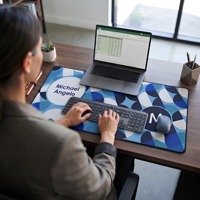 Blue Geometric Personalised Name Monogram Desk Mat (Creator Uploaded)