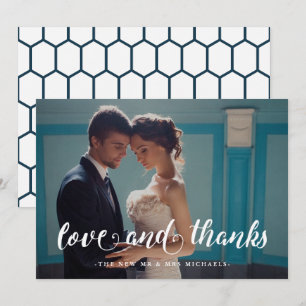 Blue Geometric Print Wedding Thank You Photo Card