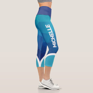 Blue geometric shade with white name stripe modern capri leggings