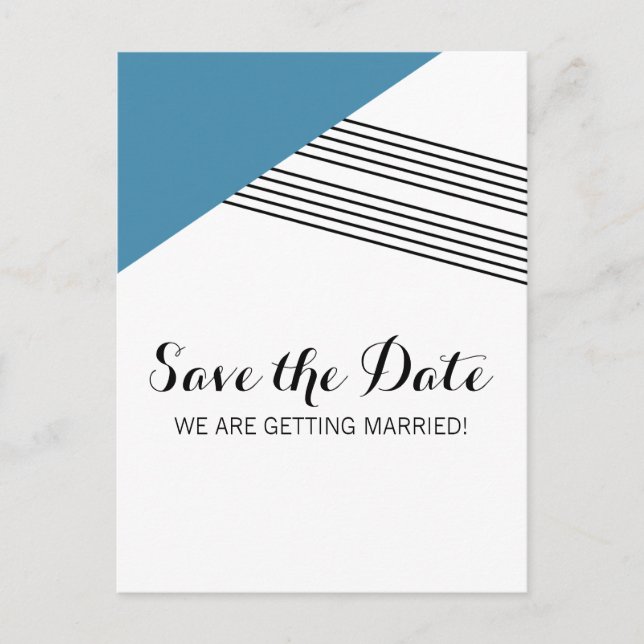 Blue Geometric Stripe Save the Date Postcard (Front)
