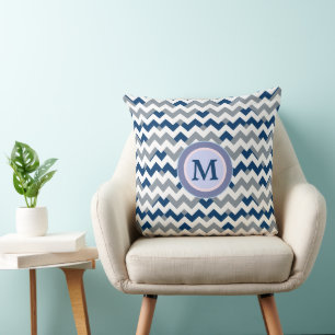 blue geometric trendy chevron stripes monogrammed cushion