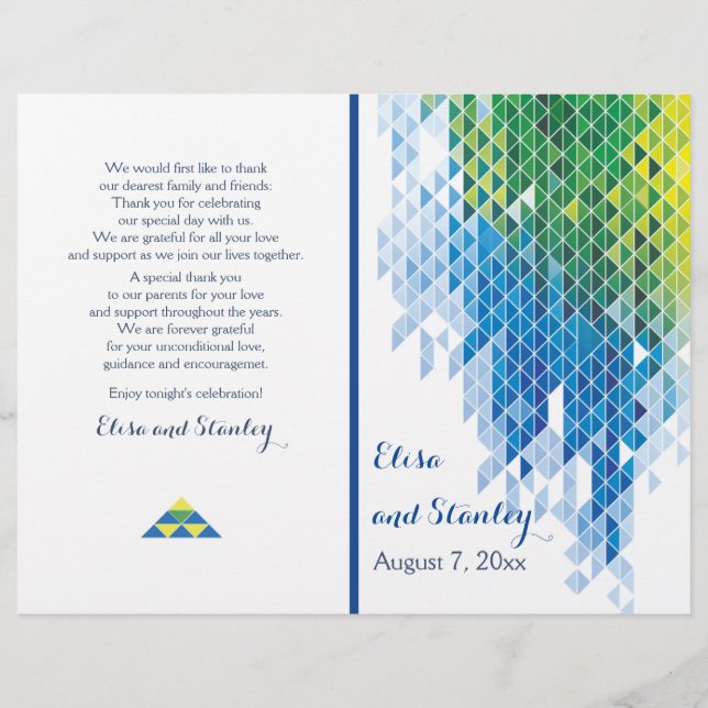 Blue geometric triangles modern wedding program (Front)