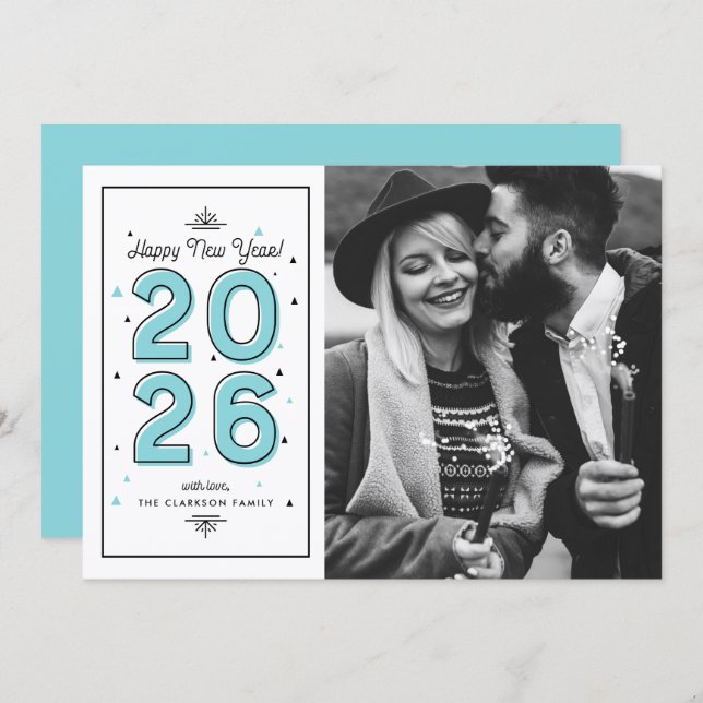 Blue Geometric Typography 2025 New Year Holiday Card (Front/Back)