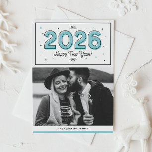 Blue Geometric Typography Photo Happy New Year Holiday Card