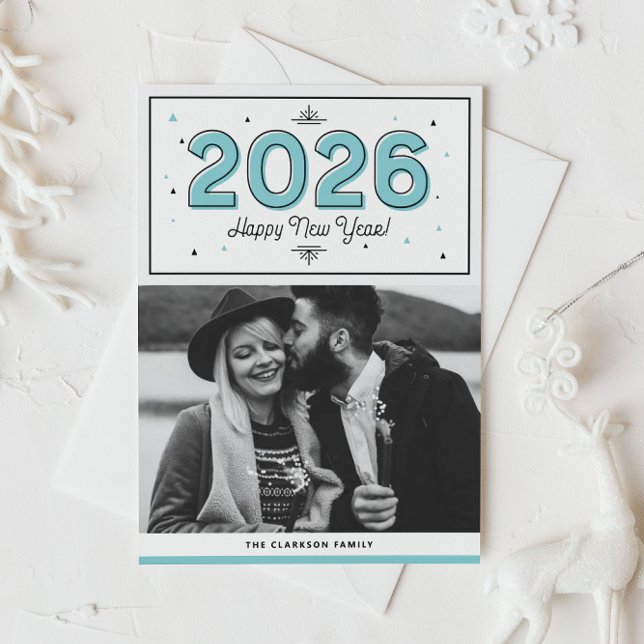 Blue Geometric Typography Photo Happy New Year Holiday Card (Customizable photo New Year card featuring aqua blue geometric typography and triangles confetti.)
