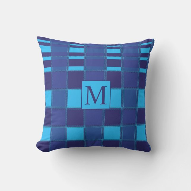  Blue Geometric Unique Gingham Patterns Monograms Cushion (Front)
