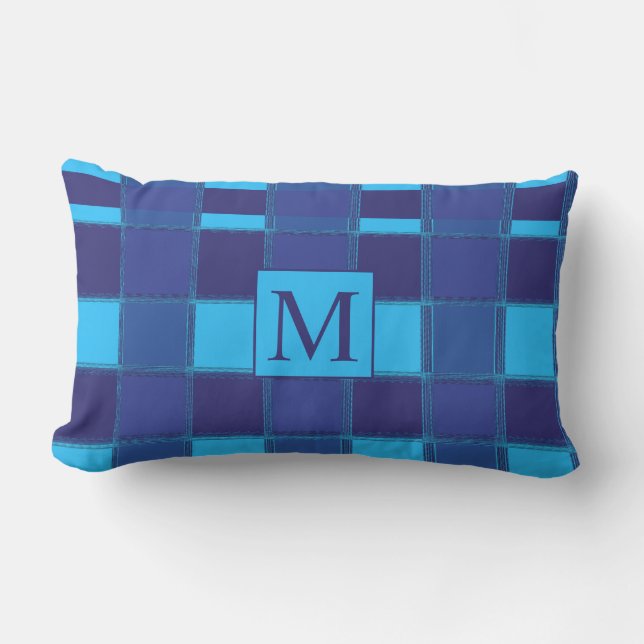  Blue Geometric Unique Gingham Patterns Monograms Lumbar Cushion (Front)
